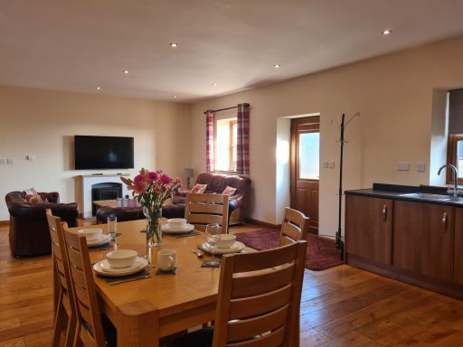 Open-plan living area with dining table, kitchen, seating area, and a television.