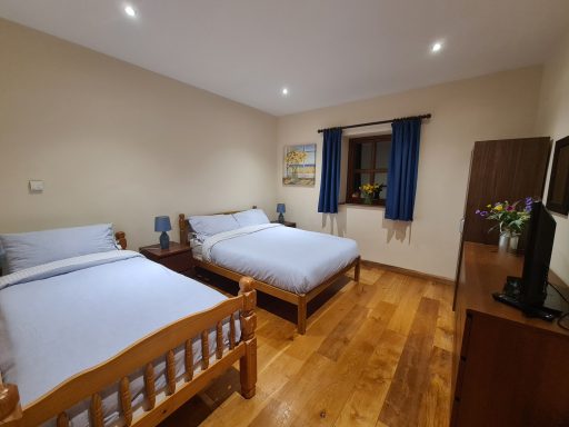 Bright, minimalistic bedroom with two beds, wooden flooring, and a window with blue curtains.